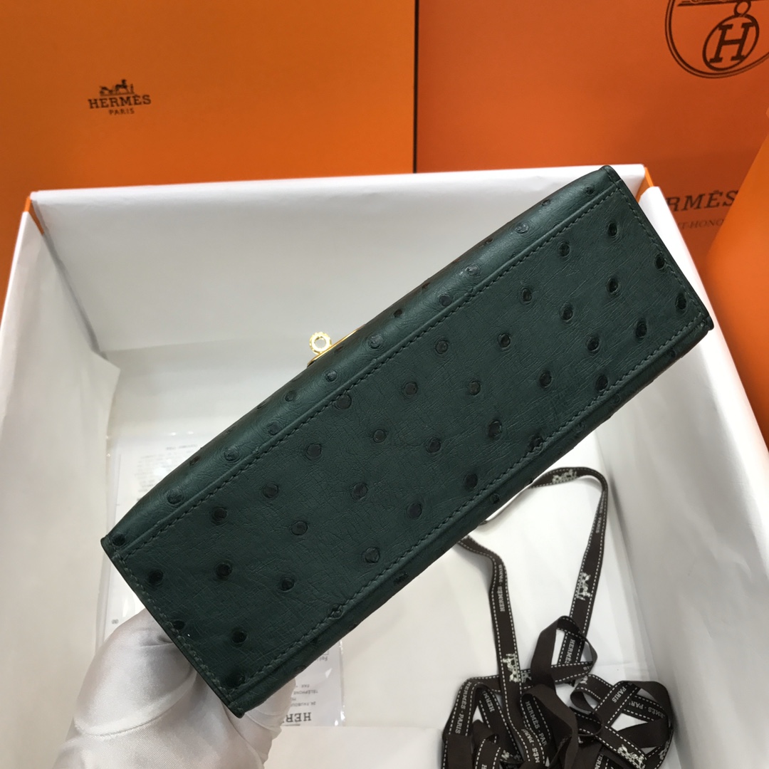 Hermes Mini Kelly Pochette 22cm Bag In Deep Green Ostrich Leather